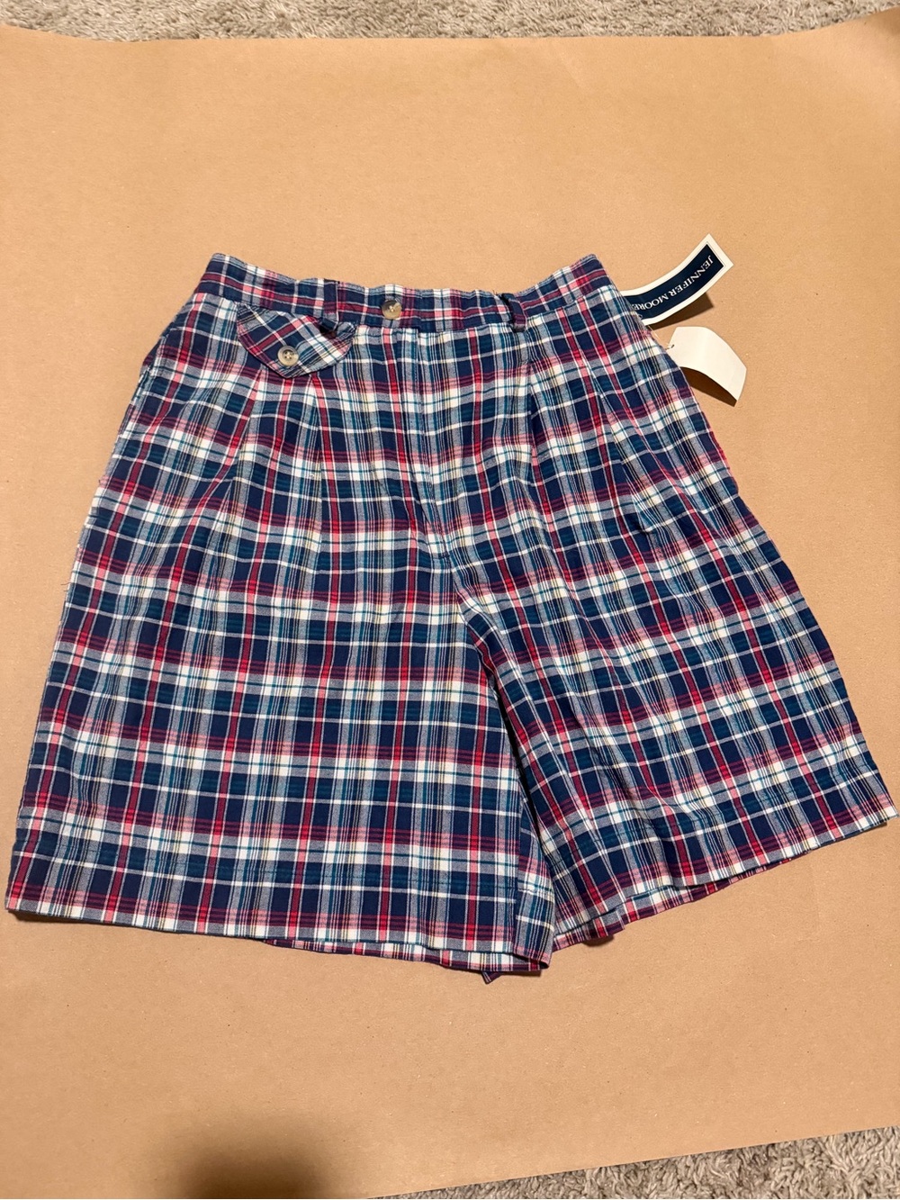 Jennifer Moore Plaid Flat-Front Shorts in Navy, Red, White